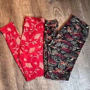 LuLaRoe OS Leggings Bundle • Red Floral Vine + Feather Mandala Black Soft